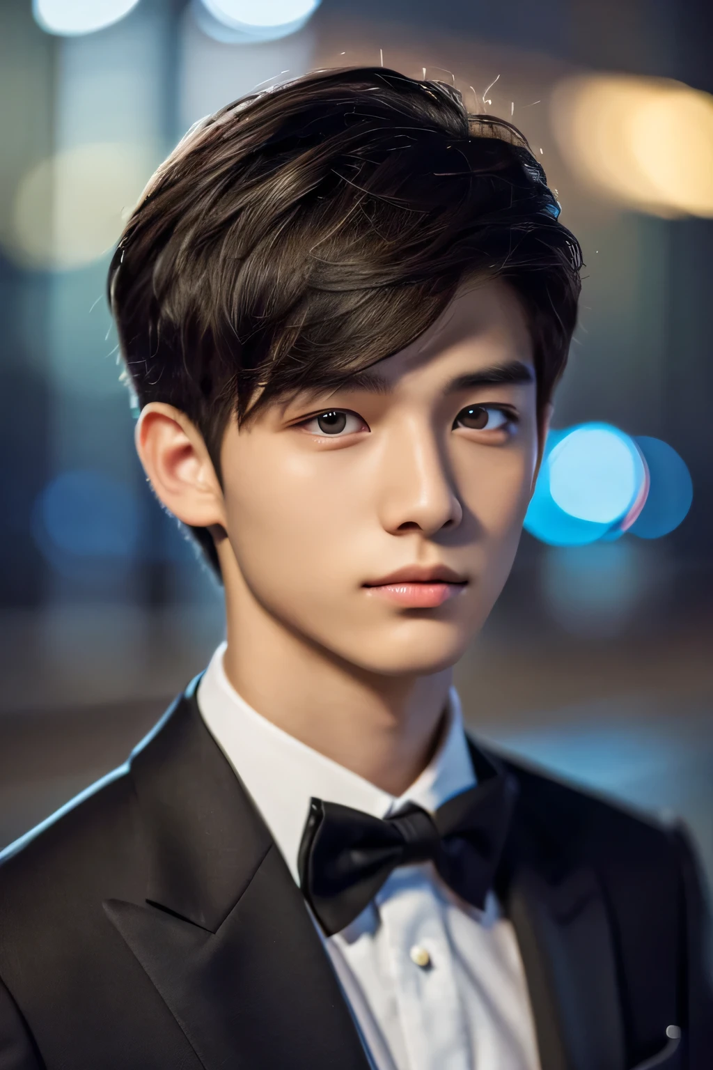 Highest quality, masterpiece, Ultra-high resolution, (Realistic: 1.4), Original photo, wallpaper, Head Photo, skin, Simple Background, Iris, detailed, Selfie, 1 boy, 18-year-old, good looking, Wind,night、suit