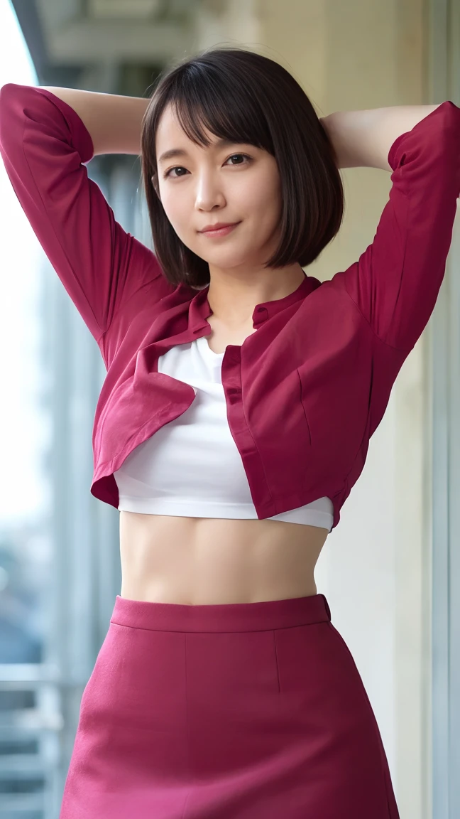 nsfw,(1 woman),beauty,Beautiful Face,smile,(t-shirt:1.2),(mini skirt)A dignified appearance,Plump Style,(big breasts:1.3)、(Peeking into this、Front view),Focus on the chest,Ultra-realistic,Ultra-high resolution,highest quality,8k,masterpiece,(random time,office)、The cutest Yoshioka Riho,(short bob hair:1.3),(portrait:1.2),(nipple stand:1.2),(arms behind back posing:1.4),standing,(underboob:1.4),(tight fit)