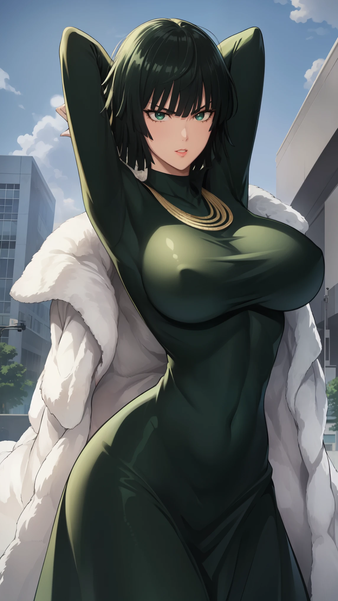 Anime art style, Fubuki from one punch man, green hair, white skin, wearing V-neck dress, cinematic lights, blushing cheeks, smilling, big breast, beautiful scenery. 1girl, solo, smile, looking at viewer, breasts, large breasts, cowboy shot, makeup, closed mouth, turtleneck, arms up, arms behind head, detailed eyes, half-closed eyes, curvy, wide hips, covered navel, impossible clothes, outdoors, night, sky, clouds, stars, streetlights, lights, buildings, plants, bushes, (narrowed eyes:1.2), (squinted eyes:1.2), BREAK masterpiece, best quality, highly detailed background, perfect lightingbest quality, ((shiny skin, glossy skin, detailed skin)), (((detailed lips))), (((detailed eyes)))