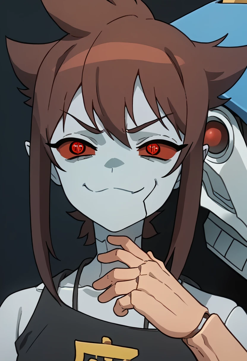 (Anime, 1boy, brown hair, grey eyes, dark punk clothes, punk clothes, portrait, Robot girl, Mecha, Android, joint limbs, robot joints, facial joints, metal pale skin, black sclera, no mouth, glowing eyes, no face, smug face), score_9, score_8_up, score_7_up