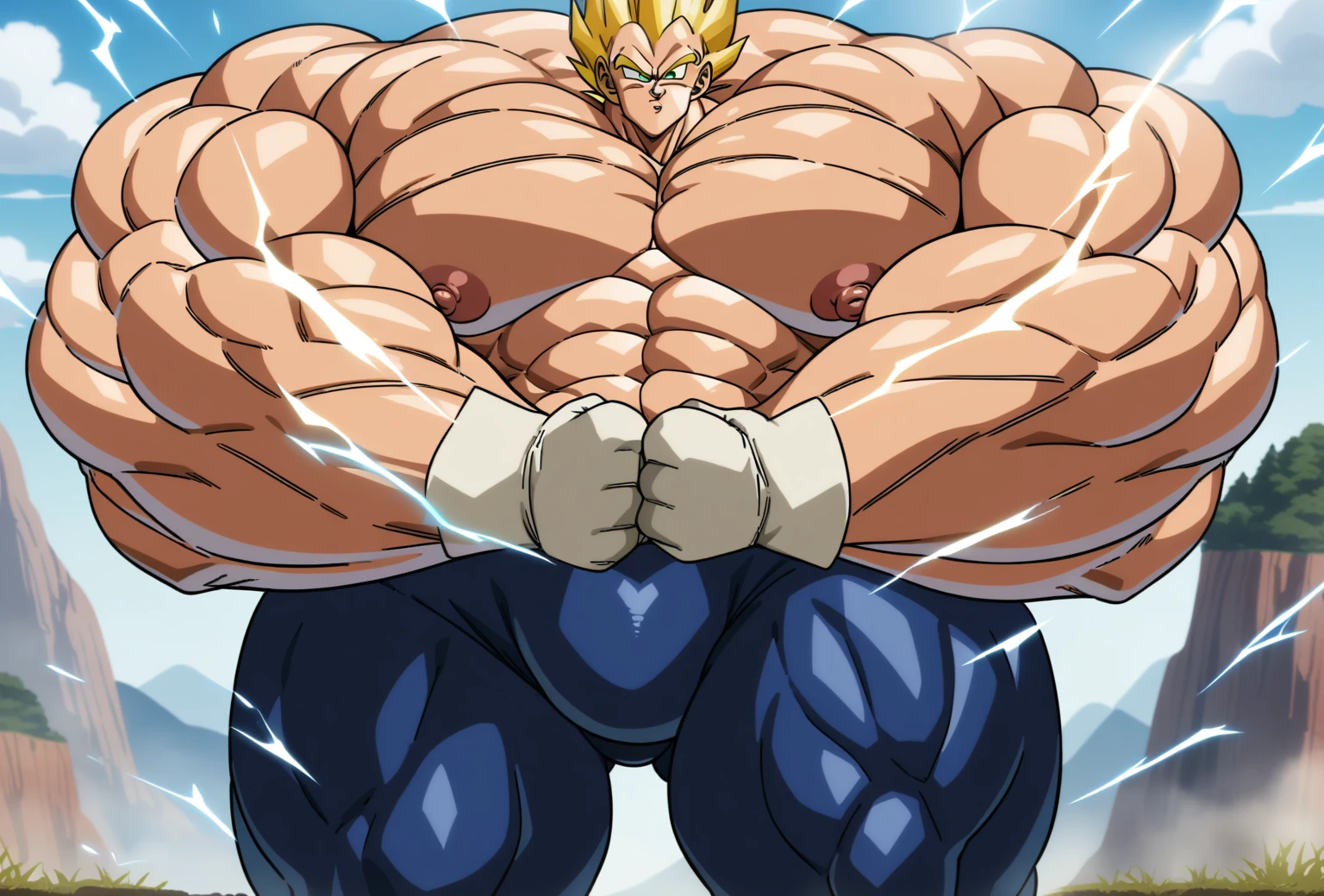 1boy, Vegeta, from Dragon Ball Z, masterpiece, best quality, very aesthetic, absurdres, saiyan, green eyes, spiked hair, (yellow hair:1.5), shirtless, blue skintight pants, white gloves, (huge muscles:2.5), dragonballartstyle, in the style of Akira Toriyama, white tiled floor, outdoors, flat-top mountains, nipples, yellow aura, electricity, white gloves, fists squeezed