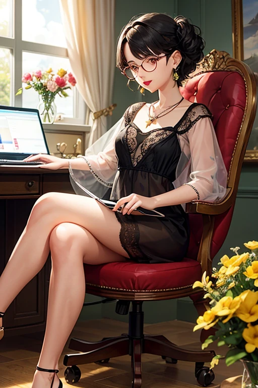 A beautiful character with small round transparent glasses, well made-up with red lipstick, brown eyes, short curly black hair, earrings, a necklace, a light yellow lace outfit, high heels, sitting on a flowery chair in a beautiful place, the same with a computer in her hands