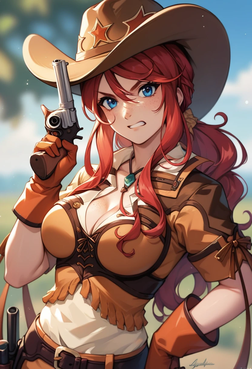 score_9, score_8_up, score_7_up, very aesthetic, source_anime, detailed, high quality, beautiful, masterpiece, detailed eyes,
sunny weather, blurry background,
cowboy shot, upper body, angry facial expression, clenched teeth
gemini sunrise, red hair, long hair, blue eyes, freckles, sidelocks, big breasts, cleavage
belt, thigh strap, cowboy hat, cowboy boots, fringe trim, gloves, miniskirt, revolver gun, zPDXL