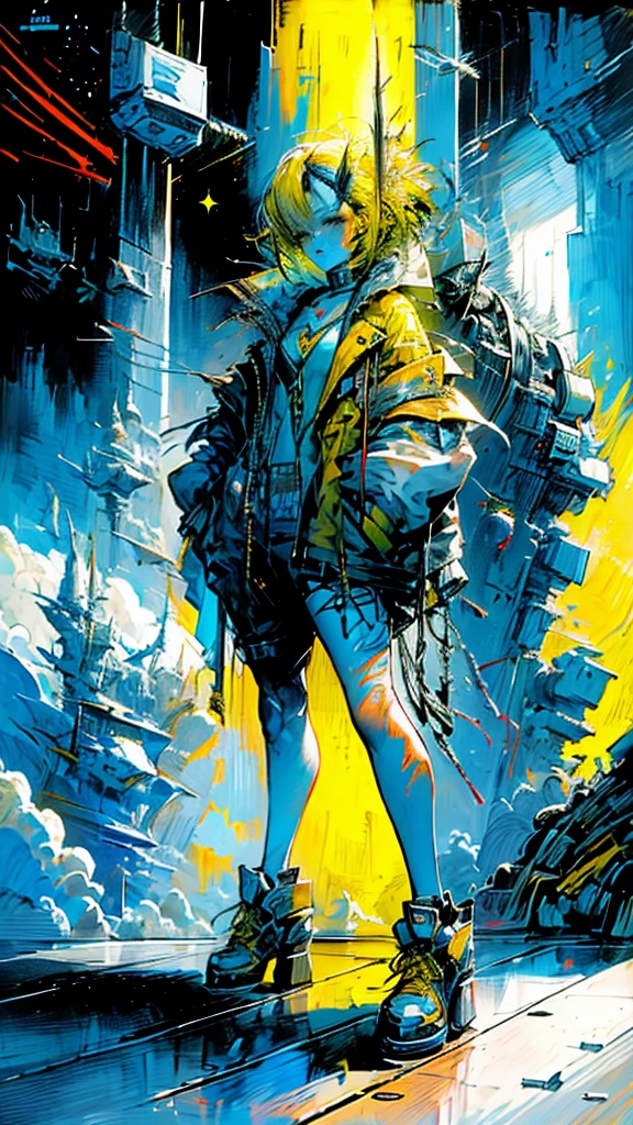 1 girl, short yellow hair, cyberpunk, Alice in Wonderland, black heels, hand in pocket, Best Quality, 4k, 8k, High resolution, masterpiece:1.2, ultra detailed, realist, photorealist, photo-realist:1.37, HdR, HD, studio lighting, Ultrafine paint, sharp focus, physically based rendering, extreme detailed description, professional, vivid colors, bokeh, Conceptual art