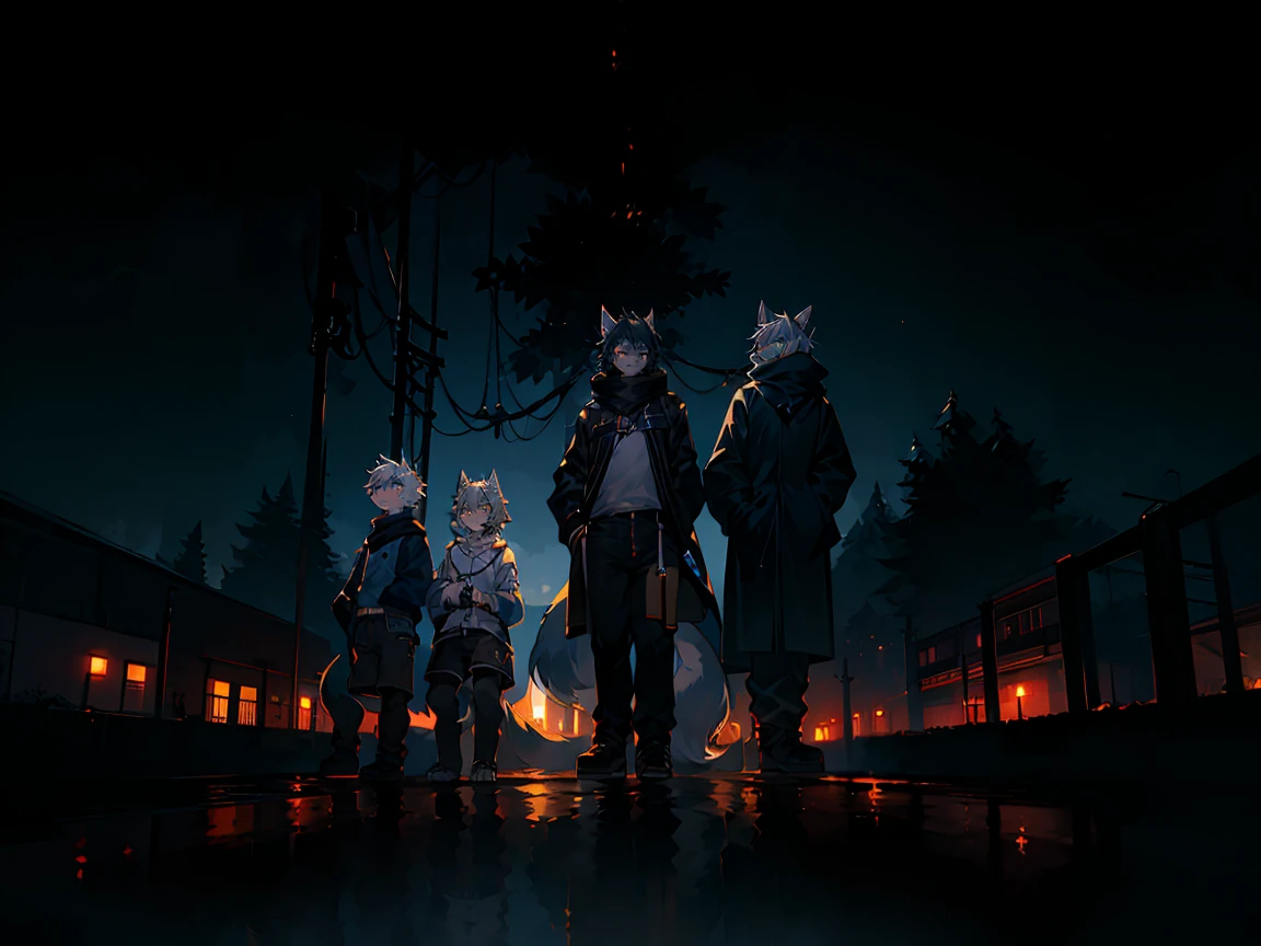 All staff side，walk，Anime style，Dark scene，Large background light source，five characters，The first one：hairy，16 years old，Young Style，Handsome，Bright Eyes，Male wolf，Dark blue hair，White hair on the face，Blue Eyes ，Yellow ear hair，Yellow hair around eyes，Tail blue and white，Gray blue coat，Casual shorts，With a hood，Height 1.6 meters，Calm。The second：hairy，15 years old，Bright Eyes，Lovely，Male cats，White eyes，Blonde hair，White hair on face，Yellow and white tail，Grey short-sleeved shorts，casual-style，Height 1.6 meters，Wearing a cape，optimistic。The third：Furry Anthropomorphic，Deep eyes，16 years old，Handsome，Male wolf，Gray-black hair，Big gray tail，Wrapped in a black scarf，Wearing a grey coat，Hands in pockets，trousers，Height 1.7 meters，mysterious，Calm。The fourth：Furry Anthropomorphic，Bright Eyes，15 years old，Lovely，Male cats，White hair all over，White eyes，Height 1.6 meters，There are several black tree-like lines on the face，Blue windbreaker and shorts，The tail is slightly pale white，Calm。Fifth：Male yellowish white fur, 17 years old，blue eyes, White hair (long), Wearing blue shorts and boxer shorts, Casual Clothing, Young Style, Height 1.7 meters, Handsome, Has a tail，Bright Eyes。