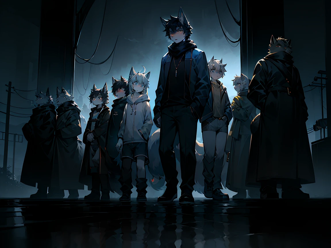 All staff side，walk，Anime style，Dark scene，Large background light source，five characters，The first one：hairy，16 years old，Young Style，Handsome，Bright Eyes，Male wolf，Dark blue hair，White hair on the face，Blue Eyes ，Yellow ear hair，Yellow hair around eyes，Tail blue and white，Gray blue coat，Casual shorts，With a hood，Height 1.6 meters，Calm。The second：hairy，15 years old，Bright Eyes，Lovely，Male cats，White eyes，Blonde hair，White hair on face，Yellow and white tail，Grey short-sleeved shorts，casual-style，Height 1.6 meters，Wearing a cape，optimistic。The third：Furry Anthropomorphic，Deep eyes，16 years old，Handsome，Male wolf，Gray-black hair，Big gray tail，Wrapped in a black scarf，Wearing a grey coat，Hands in pockets，trousers，Height 1.7 meters，mysterious，Calm。The fourth：Furry Anthropomorphic，Bright Eyes，15 years old，Lovely，Male cats，White hair all over，White eyes，Height 1.6 meters，There are several black tree-like lines on the face，Blue windbreaker and shorts，The tail is slightly pale white，Calm。Fifth：Male yellowish white fur, 17 years old，blue eyes, White hair (long), Wearing blue shorts and boxer shorts, Casual Clothing, Young Style, Height 1.7 meters, Handsome, Has a tail，Bright Eyes。