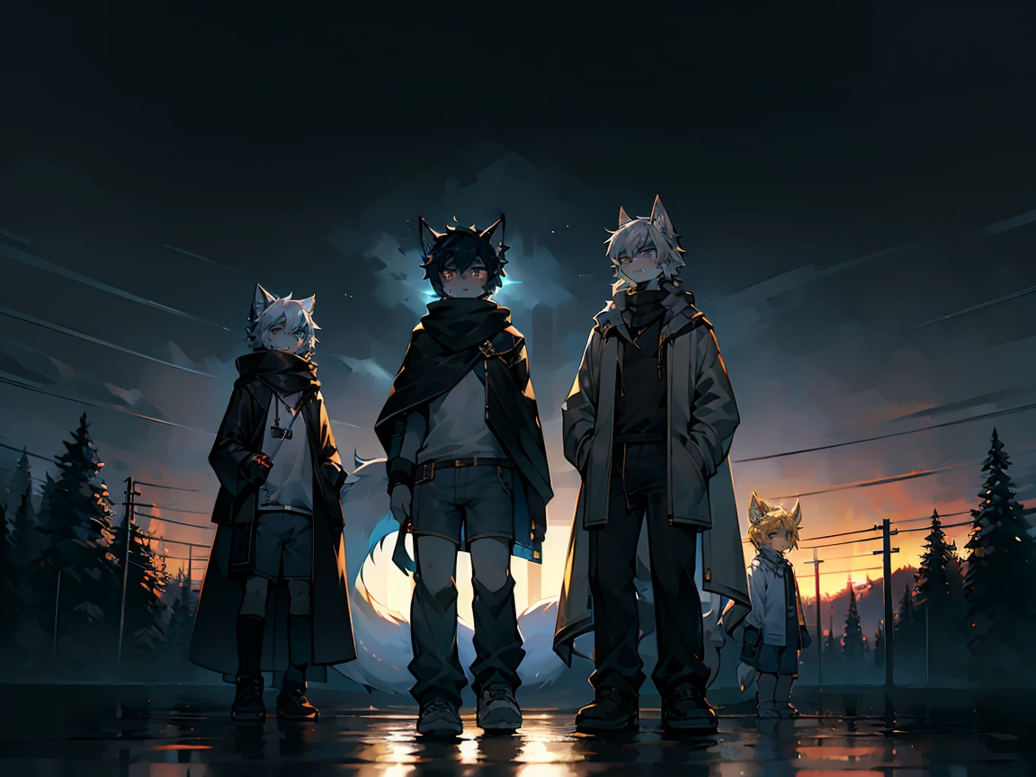 All staff side，walk，Anime style，Dark scene，Large background light source，five characters，The first one：hairy，16 years old，Young Style，Handsome，Bright Eyes，Male wolf，Dark blue hair，White hair on the face，Blue Eyes ，Yellow ear hair，Yellow hair around eyes，Tail blue and white，Gray blue coat，Casual shorts，With a hood，Height 1.6 meters，Calm。The second：hairy，15 years old，Bright Eyes，Lovely，Male cats，White eyes，Blonde hair，White hair on face，Yellow and white tail，Grey short-sleeved shorts，casual-style，Height 1.6 meters，Wearing a cape，optimistic。The third：Furry Anthropomorphic，Deep eyes，16 years old，Handsome，Male wolf，Gray-black hair，Big gray tail，Wrapped in a black scarf，Wearing a grey coat，Hands in pockets，trousers，Height 1.7 meters，mysterious，Calm。The fourth：Furry Anthropomorphic，Bright Eyes，15 years old，Lovely，Male cats，White hair all over，White eyes，Height 1.6 meters，There are several black tree-like lines on the face，Blue windbreaker and shorts，The tail is slightly pale white，Calm。Fifth：Male yellowish white fur, 17 years old，blue eyes, White hair (long), Wearing blue shorts and boxer shorts, Casual Clothing, Young Style, Height 1.7 meters, Handsome, Has a tail，Bright Eyes。