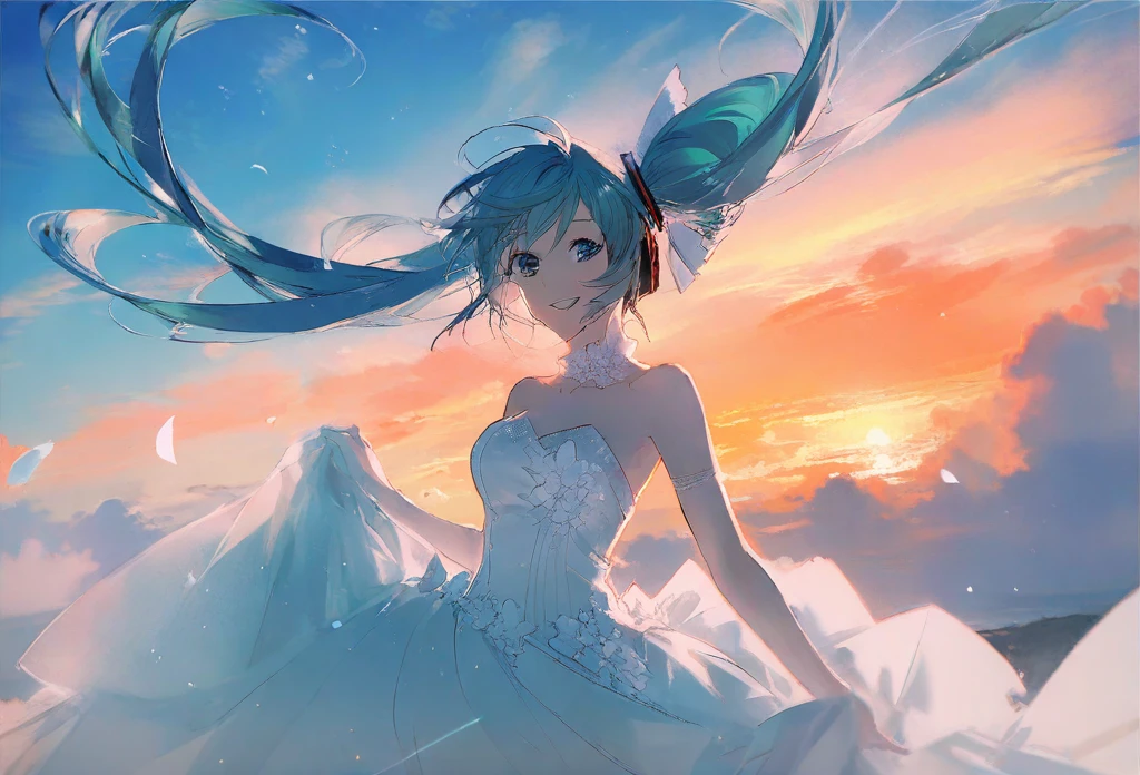 by rella, by Conor Harrington, break
watercolor,
break
hatsune_miku, solo, parted lips, detailed face, detailed eyes, detailed hair, wind effect, 
break
dynamic angle,
break
strapless, bare shoulders, collarbone, Colorful wedding dress, inspired by Peter Morrissey, 
break
Jubilant,
break
clear blue sky, 
break
 [photorealistic:flat-pasto:0.6],
break
beautiful, aesthetic, detailed, beautiful color, amazing quality,