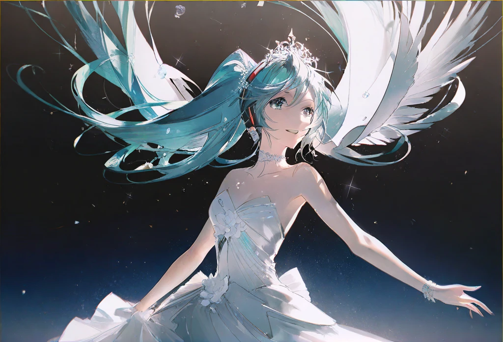 by rella, by Conor Harrington, break
watercolor,
break
hatsune_miku, solo, parted lips, detailed face, detailed eyes, detailed hair, wind effect, 
break
dynamic angle,
break
strapless, bare shoulders, collarbone, Colorful wedding dress, inspired by Peter Morrissey, 
break
Jubilant,
break
clear blue sky, 
break
 [photorealistic:flat-pasto:0.6],
break
beautiful, aesthetic, detailed, beautiful color, amazing quality,