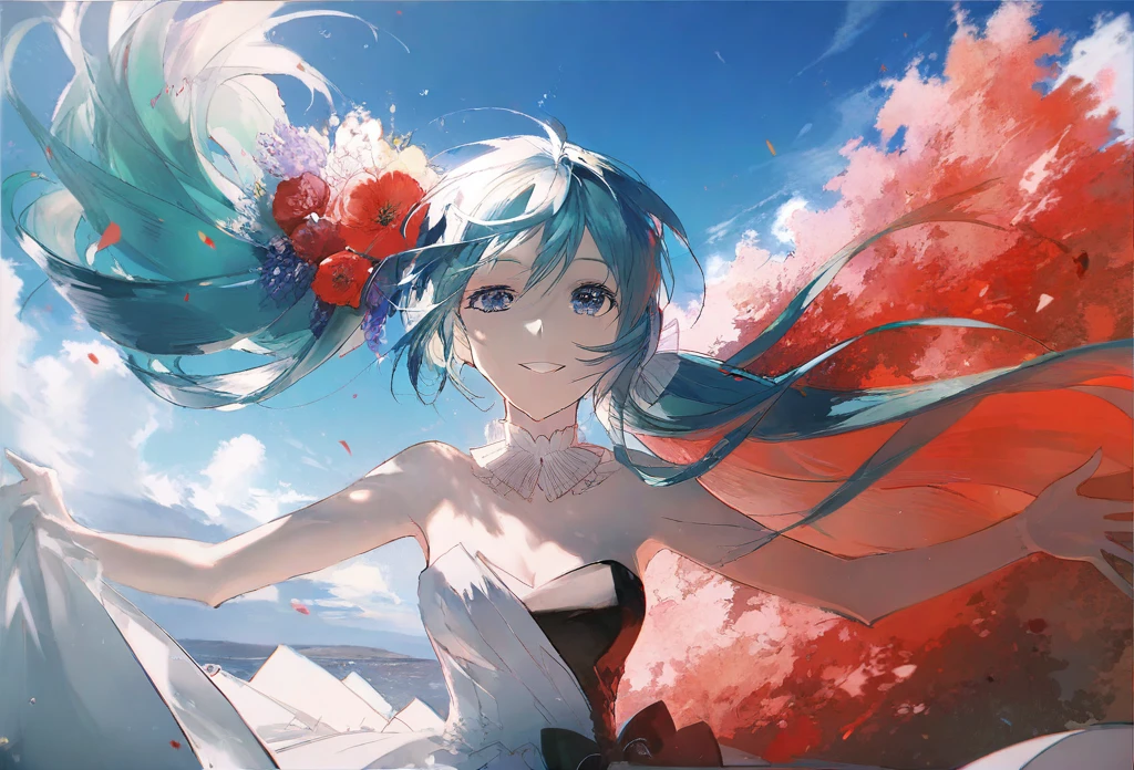 by rella, by Conor Harrington, break
watercolor,
break
hatsune_miku, solo, parted lips, detailed face, detailed eyes, detailed hair, wind effect, 
break
dynamic angle,
break
strapless, bare shoulders, collarbone, Colorful wedding dress, inspired by Peter Morrissey, 
break
Jubilant,
break
clear blue sky, 
break
 [photorealistic:flat-pasto:0.6],
break
beautiful, aesthetic, detailed, beautiful color, amazing quality,