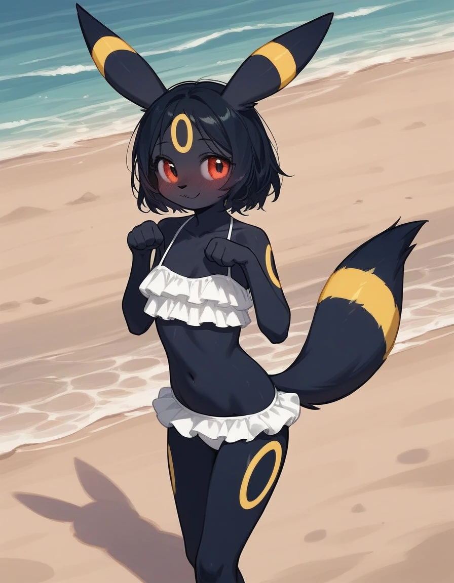 alone, score_9,score_8_up,score_7_up, anthro female umbreon, wearing frilly white bikini, standing, beach background, cute pose, shy smile, blushing.