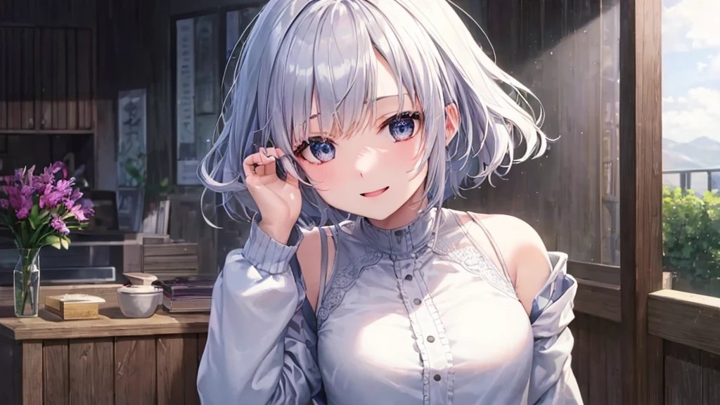Ultra HD,Look at the viewers, Put your hands behind your back, With a girl, 20-year-old, 非常にShort Hair, Long bangs between the eyes, Pale blue eyes, Very detailed,(masterpiece、Highest quality),Gray Hair、Laughter、Fantastic, Silver Hair, Iris, Short hair、 Fluttering Hair、Small Face、明るいsmile、(Detailed face) ,Professional Lighting,Wonderful landscape,blue sky, sunlight,Looking down from above,Portraiture、Open your mouth、Flower Field、Her eyes were shining、Mysterious and enchanting atmosphere。With AI Painting、とてもShort Hair, Long bangs between the eyes, Very detailed,(masterpiece、Highest quality)、alone、Gray Hair、Fantasy, Silver Hair, Fantasyな風景、smile、Open your mouth、short hair、Short Hair、hairpin、black eye、Grey Eyes、Beautiful Eyes、Black Shirt、White hoodie