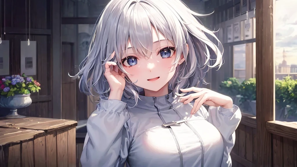 Ultra HD,Look at the viewers, Put your hands behind your back, With a girl, 20-year-old, 非常にShort Hair, Long bangs between the eyes, Pale blue eyes, Very detailed,(masterpiece、Highest quality),Gray Hair、Laughter、Fantastic, Silver Hair, Iris, Short hair、 Fluttering Hair、Small Face、明るいsmile、(Detailed face) ,Professional Lighting,Wonderful landscape,blue sky, sunlight,Looking down from above,Portraiture、Open your mouth、Flower Field、Her eyes were shining、Mysterious and enchanting atmosphere。With AI Painting、とてもShort Hair, Long bangs between the eyes, Very detailed,(masterpiece、Highest quality)、alone、Gray Hair、Fantasy, Silver Hair, Fantasyな風景、smile、Open your mouth、short hair、Short Hair、hairpin、black eye、Grey Eyes、Beautiful Eyes、Black Shirt、White hoodie