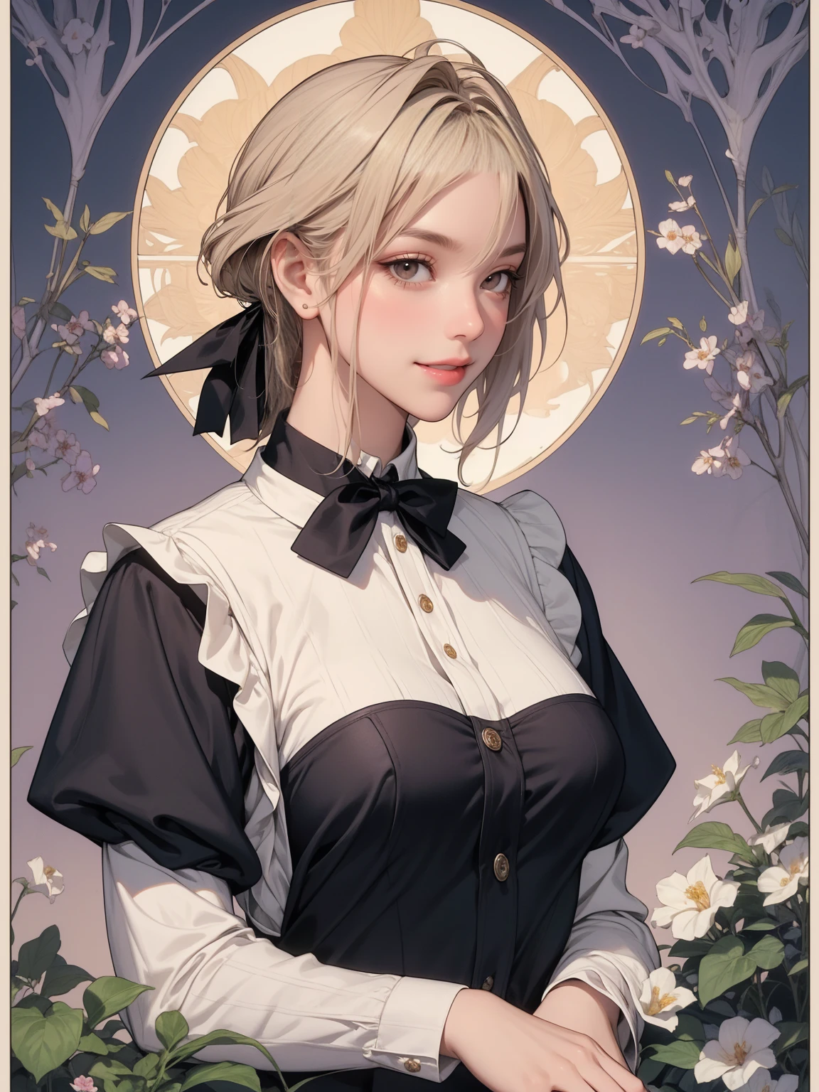 (masterpiece:1.1),(super realistic:1.0)(extremely detailed, intricate details, highres,2.5d:1.1),(violet_evergarden:1.29),best quality, The overall image quality is of the highest standard, The colors are vivid and vibrant, creating a visually stunning piece of artwork. The art style is a mix of illustrations and photorealistic elements, combining the beauty of fantasy with the realism of the world., The color palette is rich and diverse, with a range of hues that emphasize the vibrant and lively nature of the scene. 1girl, (full_body), beautiful woman,short bobcut, makeup, large breasts, mascara, BREAK (bowtie), (Detailed Maid:1.4),crepe_fabric_Detailed_Clothes,puffies_long_Detailed_sleeves, soft shadow to face, BREAK (background is pale tone:1.2), (background is beautiful gorgeous garden), (lot of flower), Create a luxurious atmosphere, organic shape and Nature-inspired garden, BREAK (Art Nouveau:1.4), elegant frame,  flowing lines, organic shape, complex pattern, (Decorative flat insect design, elegant forms, Natural Inspiration),