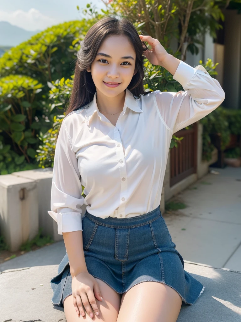 1girl, solo, (Indonesian_high_school_uniform), sitting, outdoors, cute pose, (ultra wide angle shot:1.47), beautiful scenery, detailed face, little smile, detailed eyes, thick breasts, slim fit body, smooth realistic skin, tight white shirt, blue grey short miniskirt, looking at the audience, low angle shot,(8k, RAW photo, best quality, masterpiece: 1.2), (realistic, realistic: 1.37), ultra-high resolution