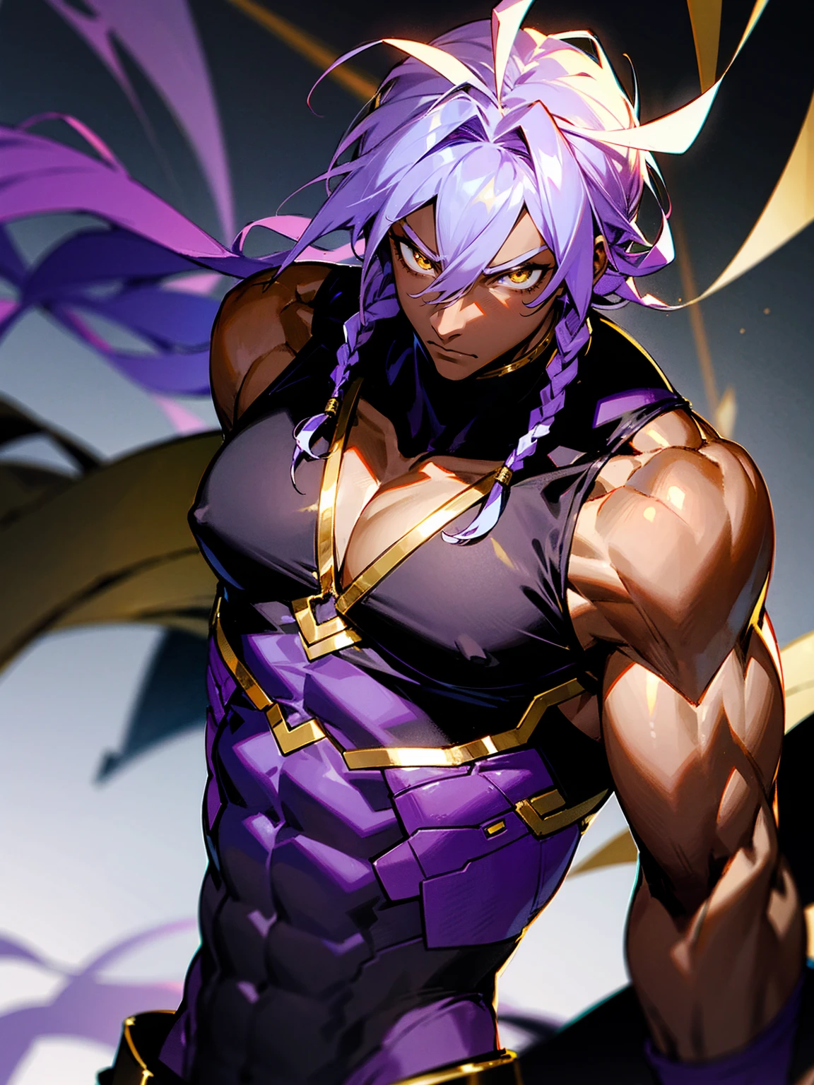 1male, darkskin, dreads, tank top, muscular, gold eyes, black super suit, purple tiger, serious, gloves