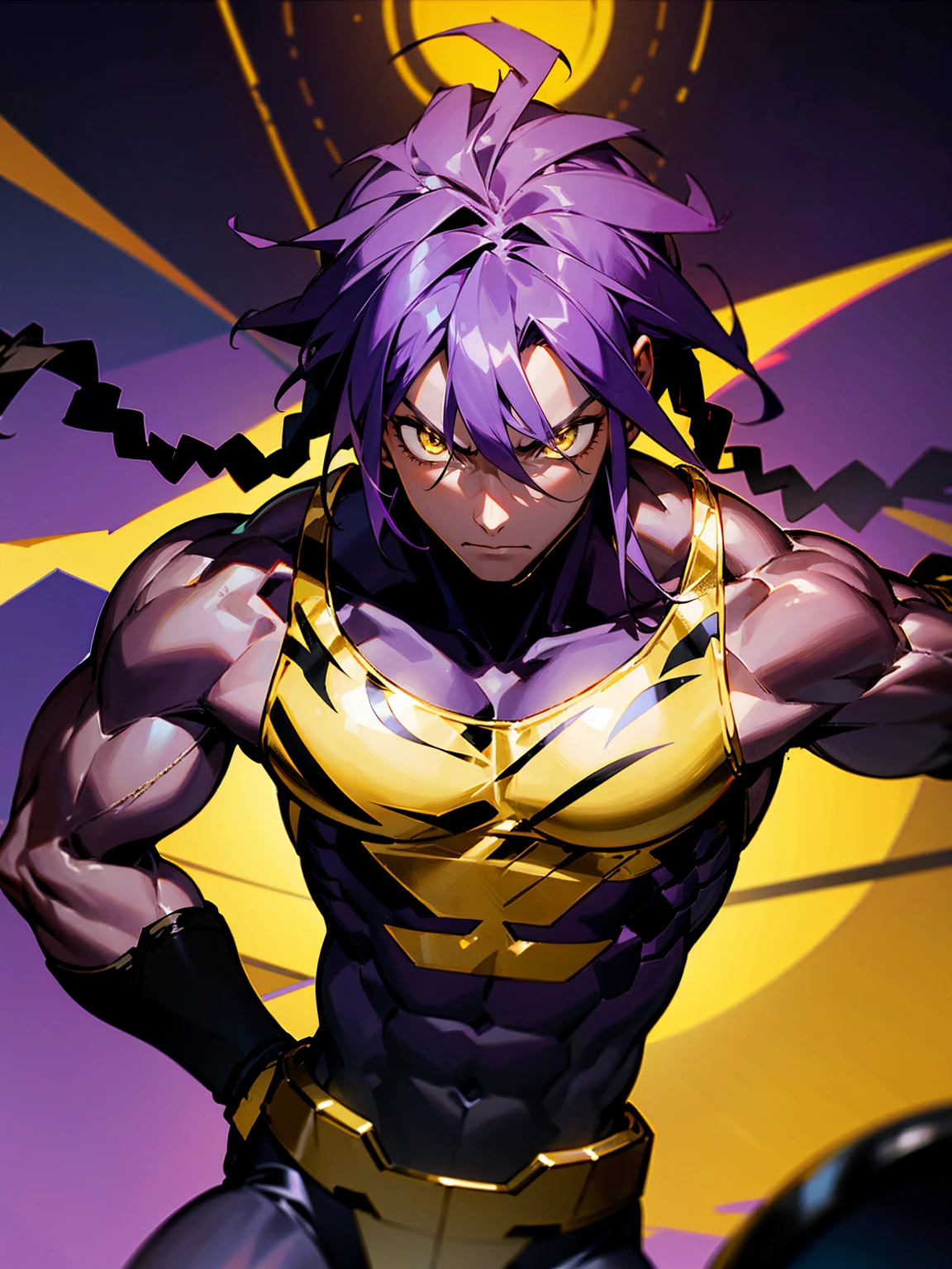 1male, darkskin, dreads, tank top, muscular, gold eyes, black super suit, purple tiger, serious, gloves
