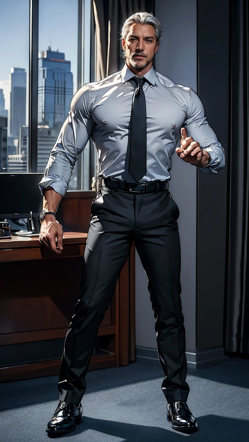 (ultra-detailed, photorealistic, best quality, 4k, 8k, highres, masterpiece:1.3), a mature man, charming and distinguished, standing confidently in a luxurious office setting, He has thick neatly combed silver hair, piercing blue eyes, (muscular build body), wearing tailored white dress shirt, with the top button casually undone, dark navy blazer, perfectly fitted charcoal trousers, polished black Oxfords, Accessories include a luxury wristwatch, understated cufflinks, and a simple yet elegant leather belt, He exudes authority and charisma, with a slight smile that hints at his charm and confidence, The office is modern and sophisticated, with floor-to-ceiling windows that offer a panoramic view of the city skyline, The scene is captured in intricate detail, showcasing his poised stance and commanding presence, (intricate detail, super finely detailed hands, ultra finely detailed fingers, full body showcase, show full body),