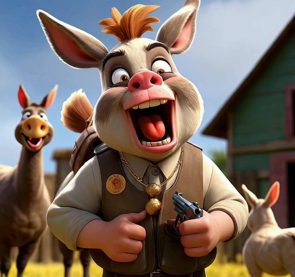an angry hen with a pistol in her hand and she is coming to the camera, a pig is beside the hen in right hand side and he is angry, pig is fat, pig has a gold thick necklaces, a sunglasses on the pig's eyes, a cigarettes in the ping's mouth, an shotgun in the pig's hand, a donkey is beside the hen and he is in left hand side, donkey is laughing, donkey has a basketball suit, an ak47 in the donkey's hand, the environment is a farm, enemies are surrounded the hen and donkey and ping, enemies are hens and cats.