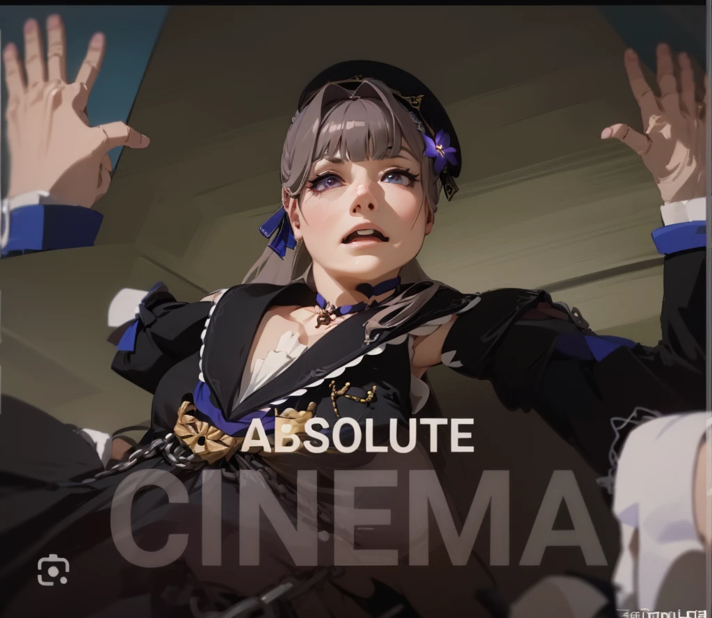 hands facing forward, hands away from head, aherta, long hair, grey hair, hair flower, beret, black headwear, joints, choker, key, sailor collar, shoulder cutout, white dress, detached sleeves, herta, star rail herta, madam herta, star rail, arms up, absolute cinema meme, arms, front, front body, front body, hands up, front arms up, mature body, indiferent face, boring face, two arms only, two hands only, arms up absolute cinema meme, hands away from head, visible hands, hands facing forward