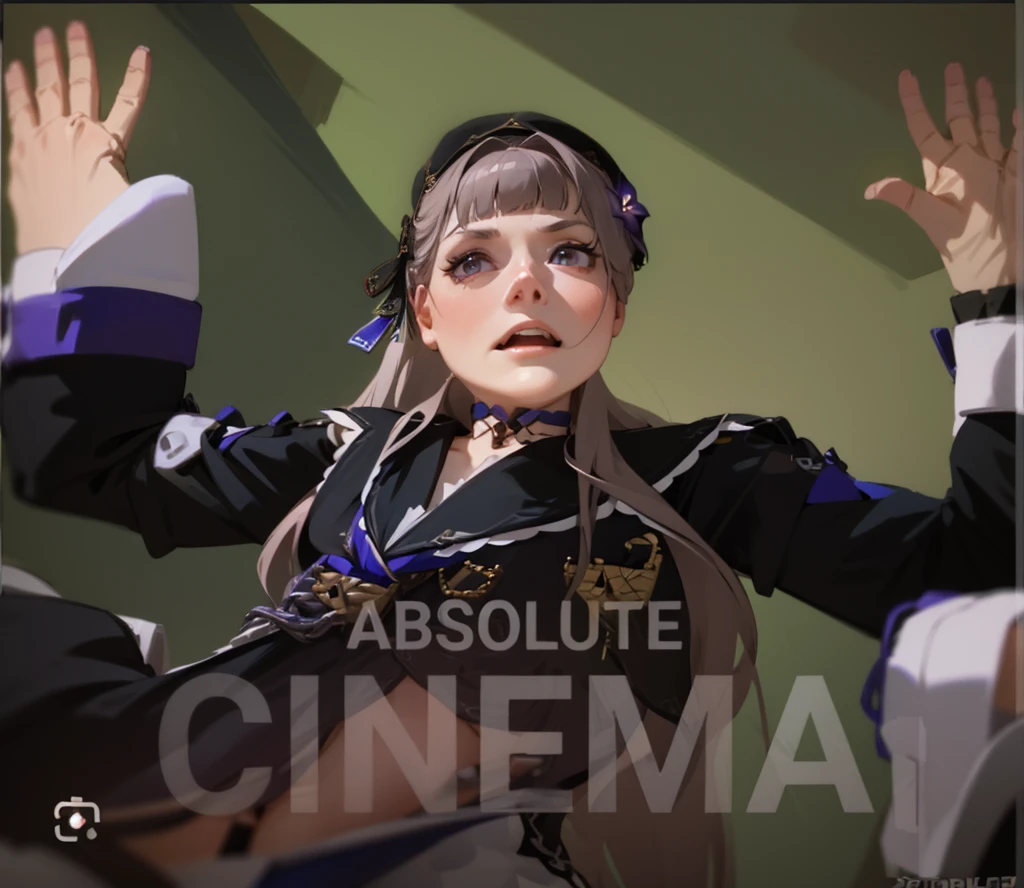 anime version, anime, herta, long hair, grey hair, hair flower, beret, black headwear, joints, choker, key, sailor collar, shoulder cutout, white dress, detached sleeves, herta, star rail herta, madam herta, star rail, arms up, absolute cinema meme, mature body, indiferent face, boring face, two arms only, two hands only, HERTA
