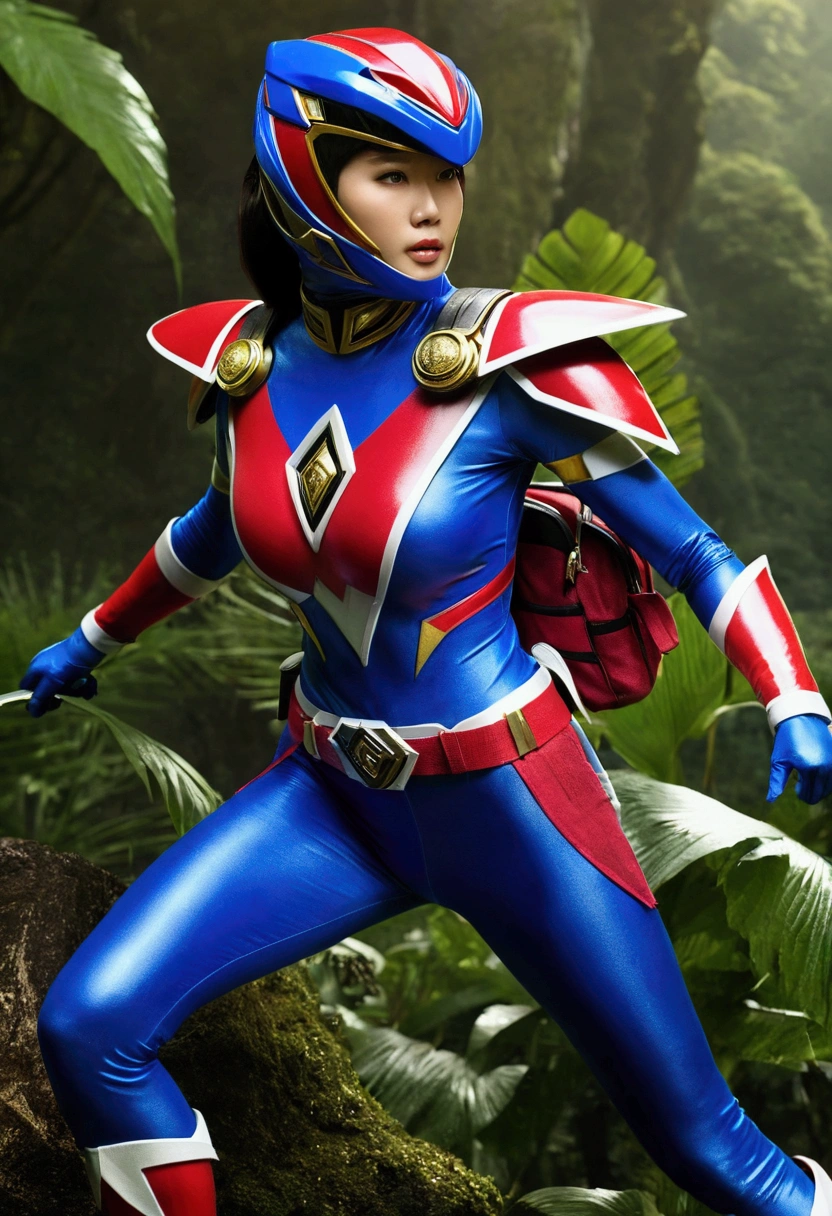 RAW, Best quality, high resolution, masterpiece: 1.3), Maturely charming woman in power ranger suit (iu:0.8), Best quality, high resolution, Masterpiece: 1.3, Alluring milf in power ranger gear, Masterpiece, Seductive smile, Realistic, 1woman, Captivating eyes, Glowing eyes, Parted lips, Gigantic breasts, Full-length, Stunning figure, Aesthetics of maturity, Daring from the jungle, Guardian of mysterious creatures, Observing the terrain, In ambush, Studying the environment found, In ranger clothes, With a large backpack, Detailed outfit,