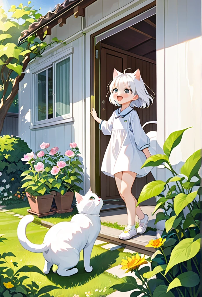 White cat Milk overcomes illness、Enjoying new adventures with family。Milk runs around energetically in the garden and around the house.、The family is watching with joy。Milk&#39;s adventurous spirit is overflowing、A more fulfilling day than ever before々Please describe how you spend your time。