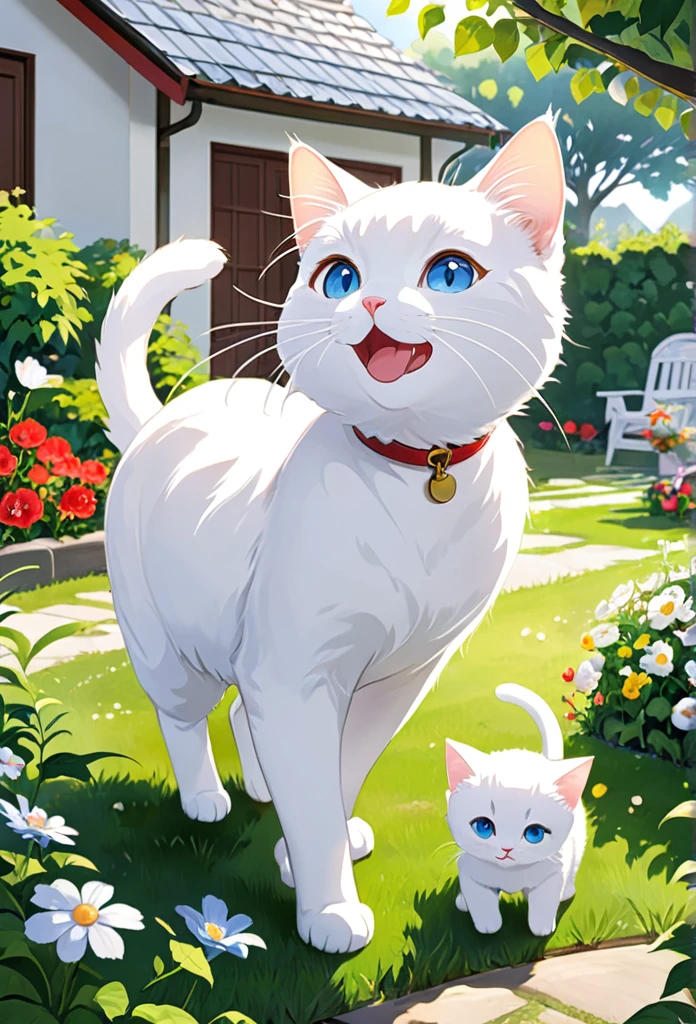 White cat Milk overcomes illness、Enjoying new adventures with family。Milk runs around energetically in the garden and around the house.、The family is watching with joy。Milk's adventurous spirit is overflowing、A more fulfilling day than ever before々Please describe how you spend your time。