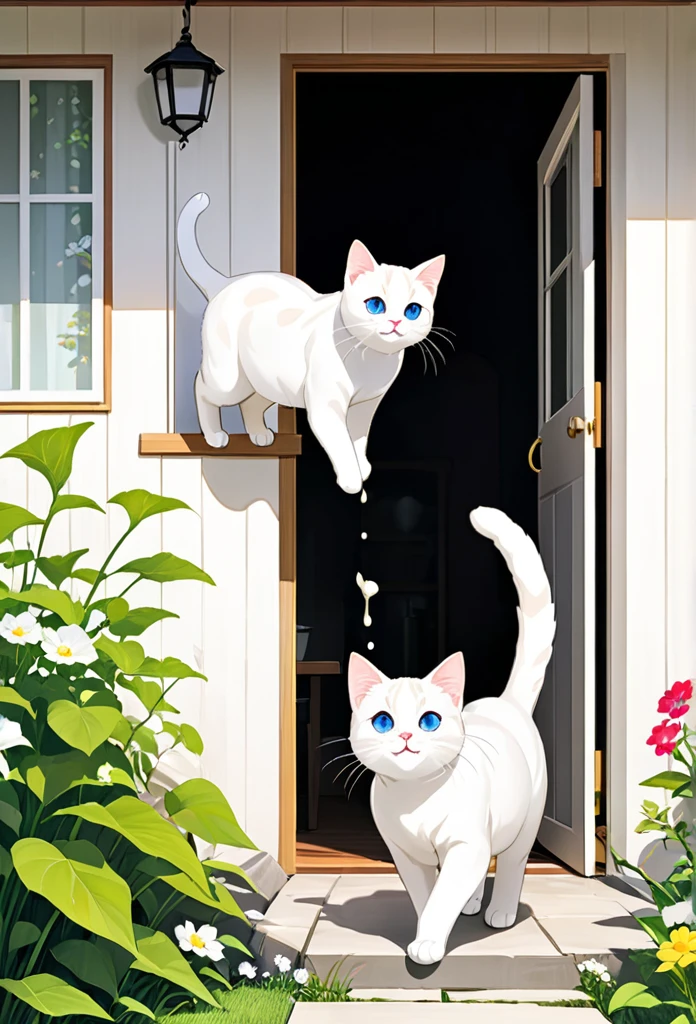 White cat Milk overcomes illness、Enjoying new adventures with family。Milk runs around energetically in the garden and around the house.、The family is watching with joy。Milk&#39;s adventurous spirit is overflowing、A more fulfilling day than ever before々Please describe how you spend your time。