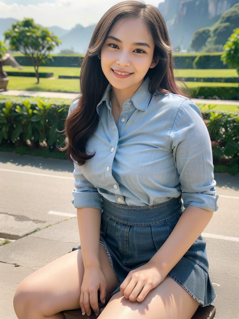 1girl, solo, (Indonesian_high_school_uniform), sitting, outdoors, cute pose, (ultra wide angle shot:1.47), beautiful scenery, detailed face, little smile, detailed eyes, thick breasts, slim fit body, smooth realistic skin, tight white shirt, blue grey short miniskirt, looking at the audience, low angle shot,(8k, RAW photo, best quality, masterpiece: 1.2), (realistic, realistic: 1.37), ultra-high resolution