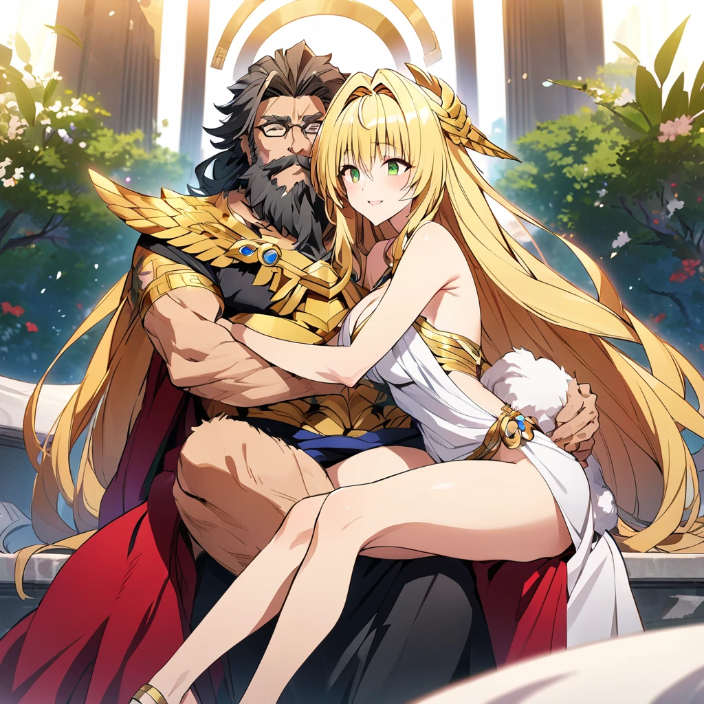 ((Highest quality)), ((masterpiece)), (detailed), （Perfect Face）、A woman is a goddess, both in mind and body, who became the goddess Hera in Greek mythology.々Hera, the wife of Zeus, king of the gods, is happily embracing a man.、The woman is the goddess Hera, queen of the one and only god Zeus. She has green eyes, blonde medium-long hair, wears a gorgeous ancient Greek Doric chiton, an engagement ring, and gorgeous accessories. She is an elegant, graceful, and beautiful goddess, Hera, the wife of Zeus.、The woman is seen sitting on a magnificent temple throne with the regal, bearded, elderly god Zeus, wearing an ancient Greek Doric chiton.、The man is a dignified, bearded, elderly man wearing an ancient Greek Doric chiton, the god Zeus, embracing a woman