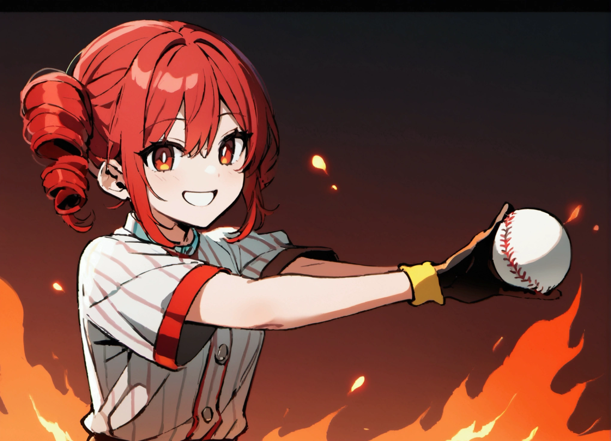 Red hair, plays baseball, smiles