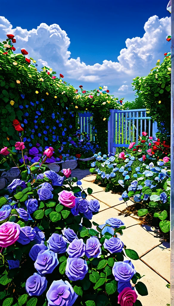 summer Blue sky,photorealistic,highly realistic,extreme details,breathtakingly realistic,high contrast realism,high saturation realism,vibrant colors,dramatic lighting,captivating landscape,compelling storytelling,atmospheric scene,mesmerizing visuals,intricate details,strong emotions,celestial beauty,Dreamlike world Roses, violets, seven-colored garden