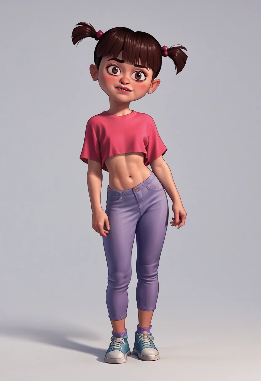 Boo (monsters inc,) for DisneyStyleXLP, 1girl, brown hair, brown eyes, twintails, tight kid fringe bikini, pink shirt,