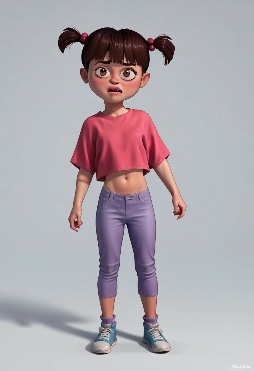 Boo (monsters inc,) for DisneyStyleXLP, 1girl, brown hair, brown eyes, twintails, tight kid fringe bikini, pink shirt,