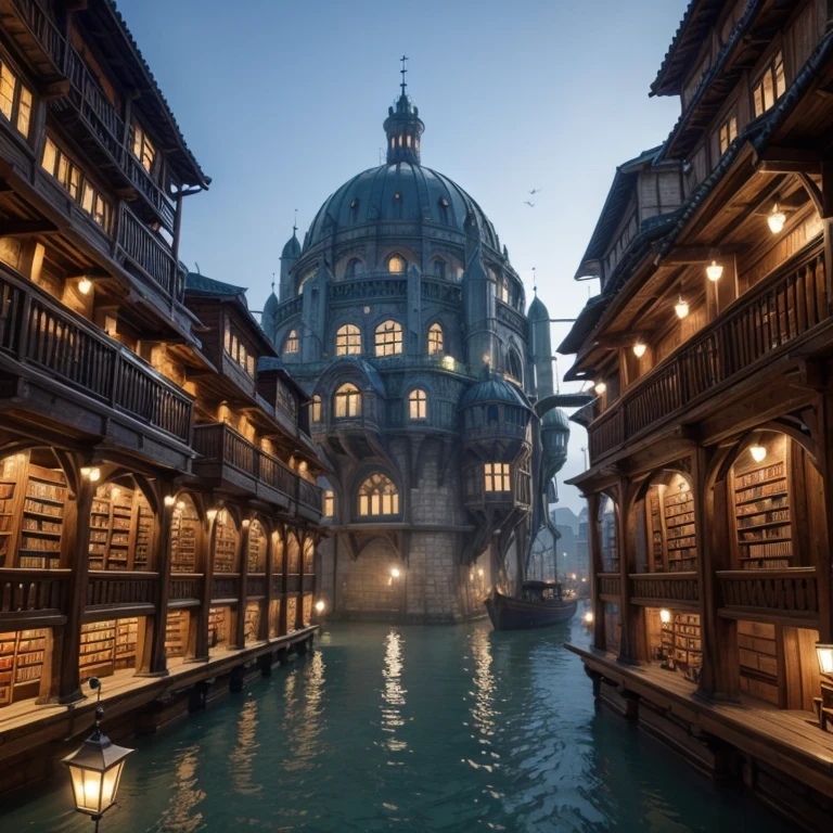 Large medieval city Cities built on floating platforms, hanging libraries