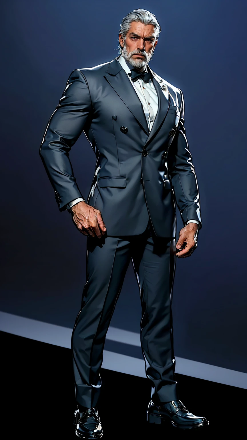 "(ultra-detailed, photorealistic, best quality, 4k, 8k, highres, masterpiece:1.3), an imposing old man, age 60, with gray silver hair, muscular build body, bodybuilder body shape, very tall, masculine, alpha male, wearing a navy pin stripe 3-piece suit, exuding authority and confidence, sharp blue eyes, clean-shaven face, strong jawline, poised and professional, hint of a stern but approachable demeanor, standing in front of a sleek modern private jet, tarmac background, sophisticated and commanding presence, elegance, luxurious environment, (intricate detail:1.3), ((super finely detailed hands, ultra finely detailed fingers, full body showcase, show full body))."