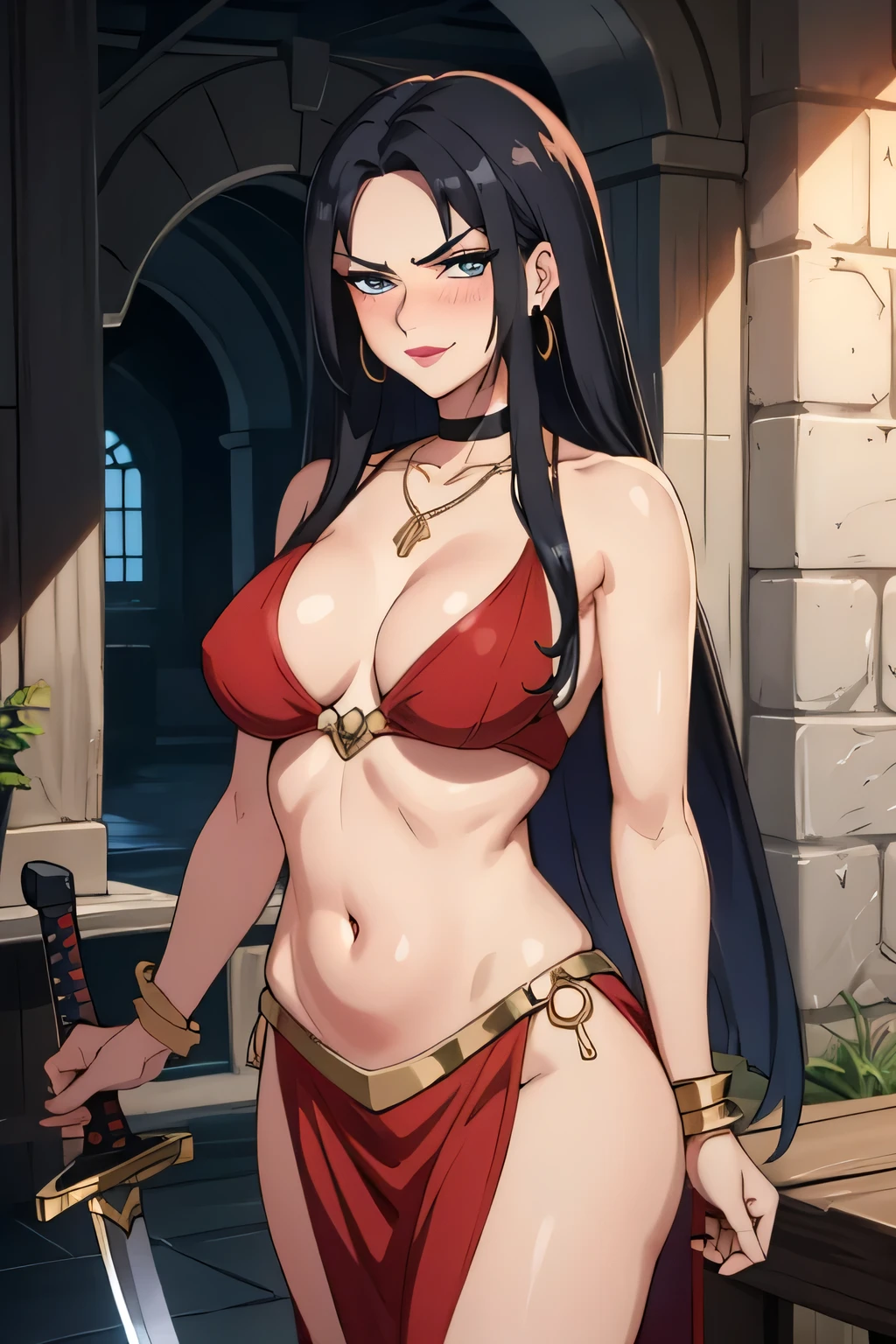 , quistis, standing, blush, lipstick, long hair, crazy eyes ,Hot girl, baddie, staring, glaring, bad attitude, mean girl, dare, angry, hate, crazy, smoking, sensual, attractive, jewelry, earrings, masterpiece, best quality, highly detailed ,glint,halterneck,gold_choker, complex detailed background,
inside, stone wall, ancient interior, ancient egyptian room, hieroglyphs, dark lighting, dark
atmosphere, (cowboy shot), holding a sword, sword, belly_chain,harem_outfit,navel, necklace,
pelvic_curtain,revealing_clothes, veil,masterpiece,best quality,1girl,mature,evil smile, smile,
female,mature,necklace,pendant, (nsfw) not safe for work, exposed belly, exposed navel, exposed
midriff, exposed lower belly