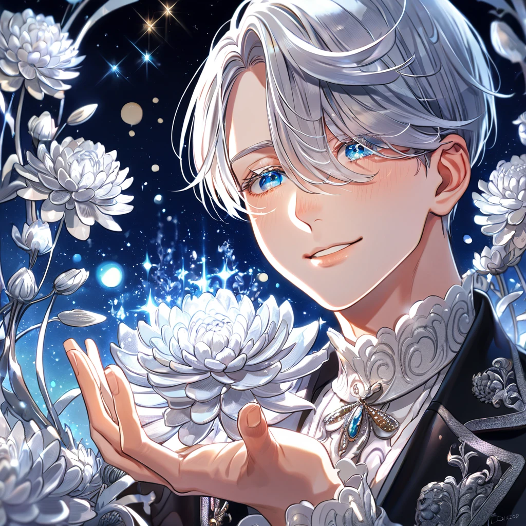 absurdres, highres, ultra detailed, HDR, master piece, best quality, extremely detailed, Victor Nikiforov, silver hair, expressive blue eyes, hair over the right eye, Yuri On Ice, solo, sexy man, handsome, smile, black coat, white sweater, fantasy, water, sparkling, silver glittering fireflies, silver moon, silver blossoms, silver chrysanthemums, silver sparkling lights, starry sky, magical