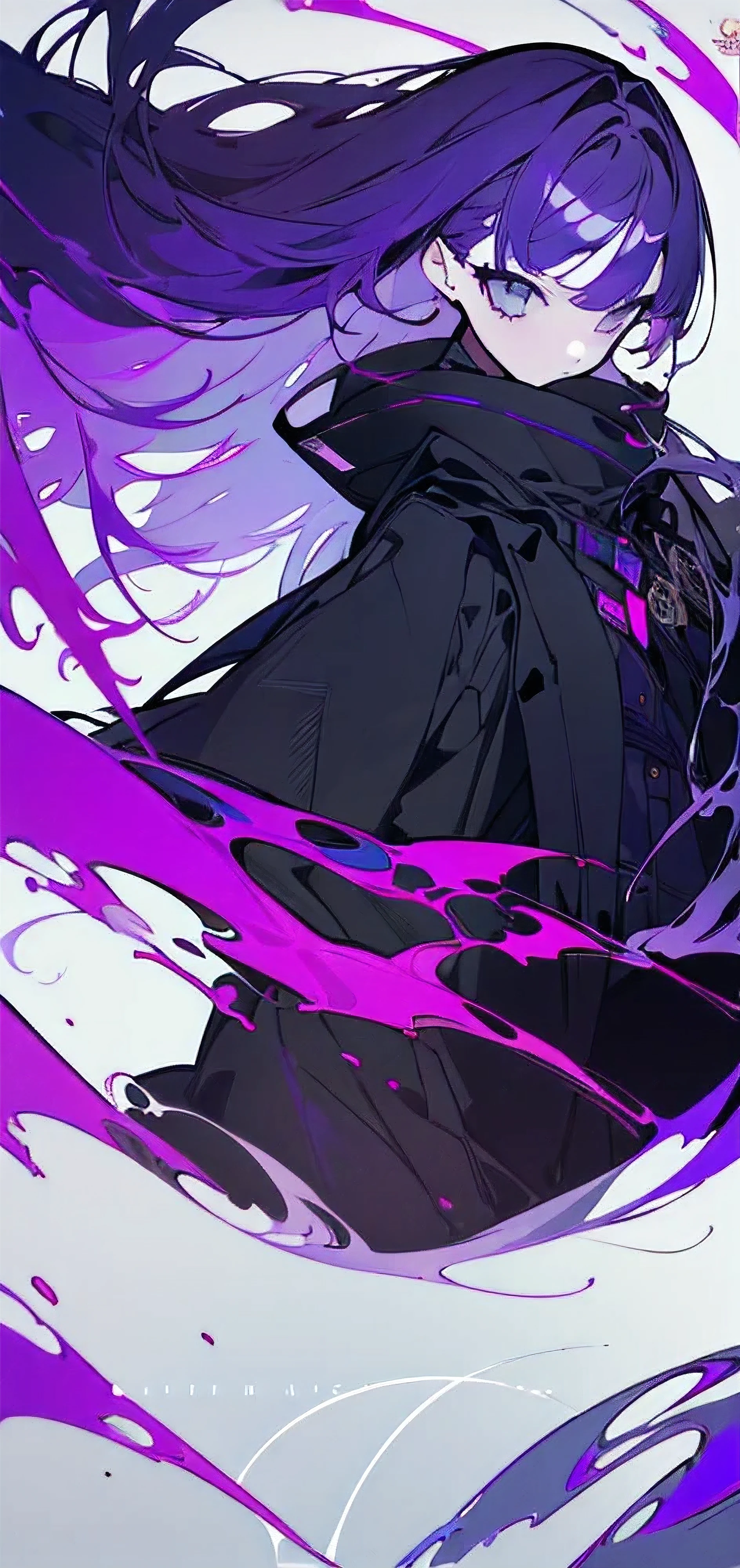 Perfect NwsjMajic,(masterpiece, Highest quality, Highest quality, Official Art, beautiful and aesthetic:1.2), (One girl), Very detailed,colorful,Most detailed, Official Art, unity 8k wallpaper, Super detailed, beautiful and aesthetic, beautiful, masterpiece, Highest quality, Purple Hair、Black coat、Purple, light blue and white eyes、Determined eyes、Grey World