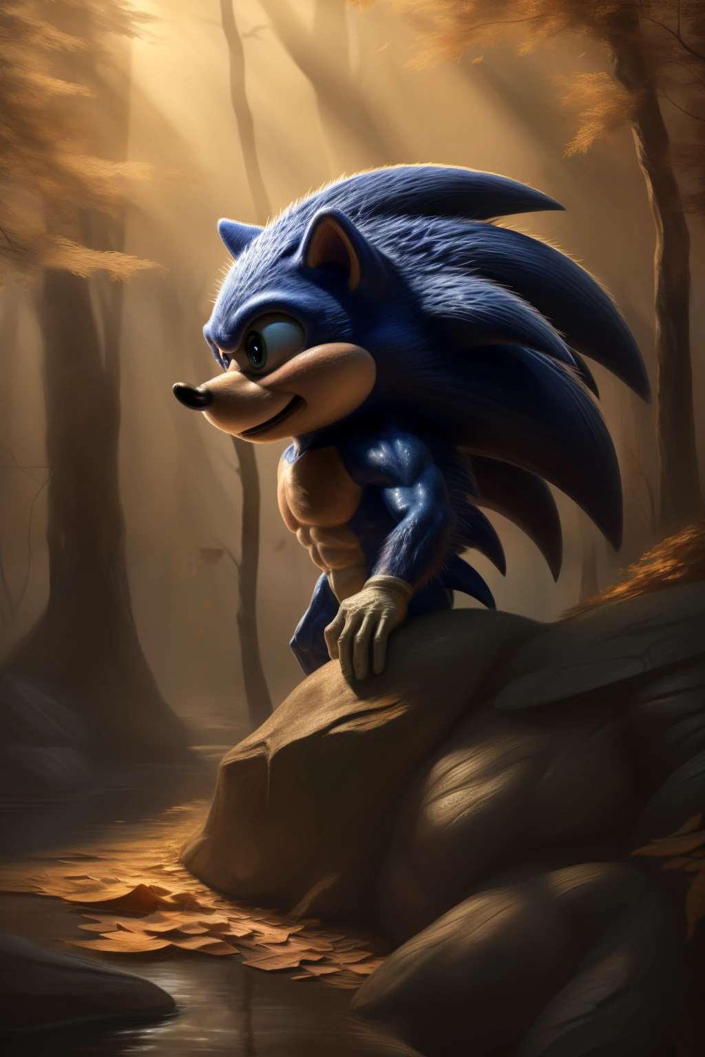 (Hedgehog, anthro, full body, side profile, muscular, hedgehog face on side bones, detail focused, vibrant colors, shimmering quills, soft light, realistic texture, high quality painting, by artistname123, trending on DeviantArt, intricate detailing, expressive eyes, playful expression, detailed background of a forest scene with falling leaves)