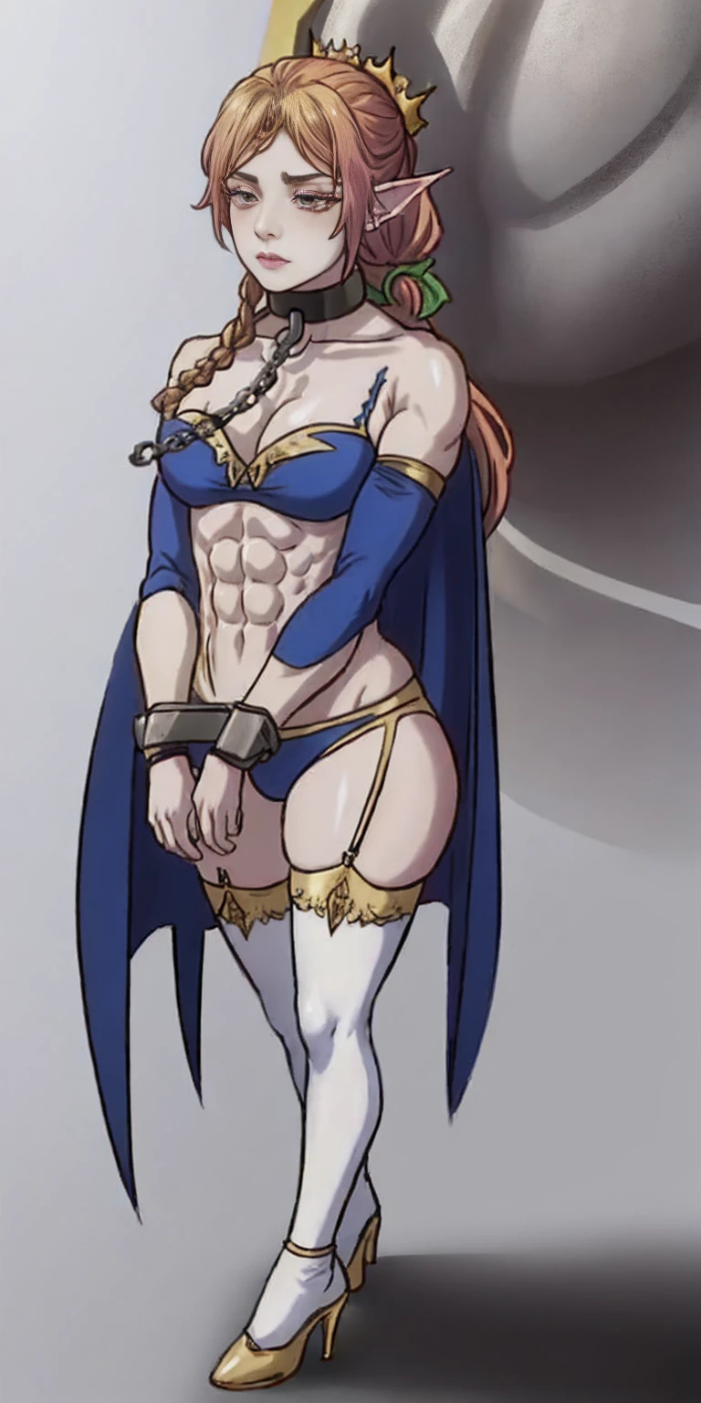 extremely long hair, ponytail, perfect anatomy 1 girl tall solo, slim thick ((muscular)) high elf full body toe to head toned body, silver breast plate, blue cape, slendered abs, hourglass waist, detailed face, defined cheekbones, puffy lips, gauntlets, gold crown, shadow over eyes, looking at viewer, masterpiece, white thigh highs lingerie, high heels, slave metal collar choker neck bell shackles wristbands bracers bracelets sleeves (plain background)