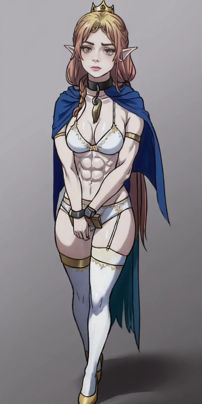 extremely long hair, ponytail, perfect anatomy 1 girl tall solo, slim thick ((muscular)) high elf full body toe to head toned body, silver breast plate, blue cape, slendered abs, hourglass waist, detailed face, defined cheekbones, puffy lips, gauntlets, gold crown, shadow over eyes, looking at viewer, masterpiece, white thigh highs lingerie, high heels, slave metal collar choker neck bell shackles wristbands bracers bracelets sleeves (plain background)