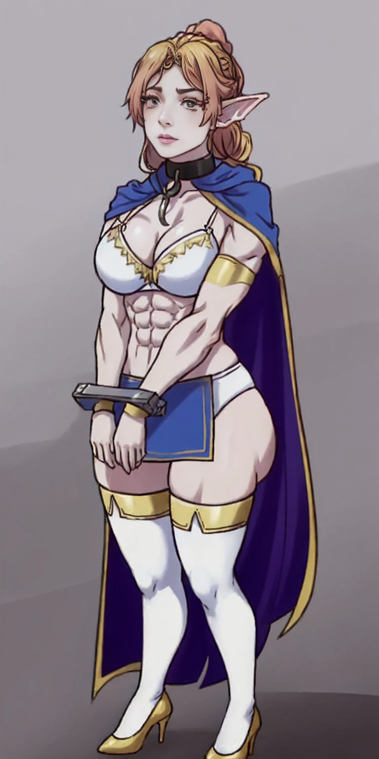 extremely long hair, ponytail, perfect anatomy 1 girl tall solo, slim thick ((muscular)) high elf full body toe to head toned body, silver breast plate, blue cape, slendered abs, hourglass waist, detailed face, defined cheekbones, puffy lips, gauntlets, gold crown, shadow over eyes, looking at viewer, masterpiece, white thigh highs lingerie, high heels, slave metal collar choker neck bell shackles wristbands bracers bracelets sleeves (plain background)