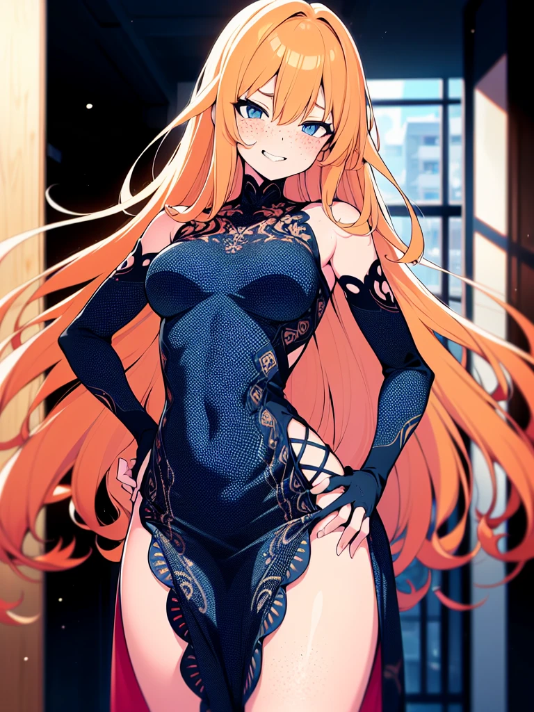 cowboy shot, colorful, (best quality, ultra-high resolution, depth of field:1.2), 1woman, light orange hair, straight hair, dark blue eyes, freckles, medium breasts, intricate dress, apartment entrance, focused and serene, hands on the hips, grin, blushing, nervous