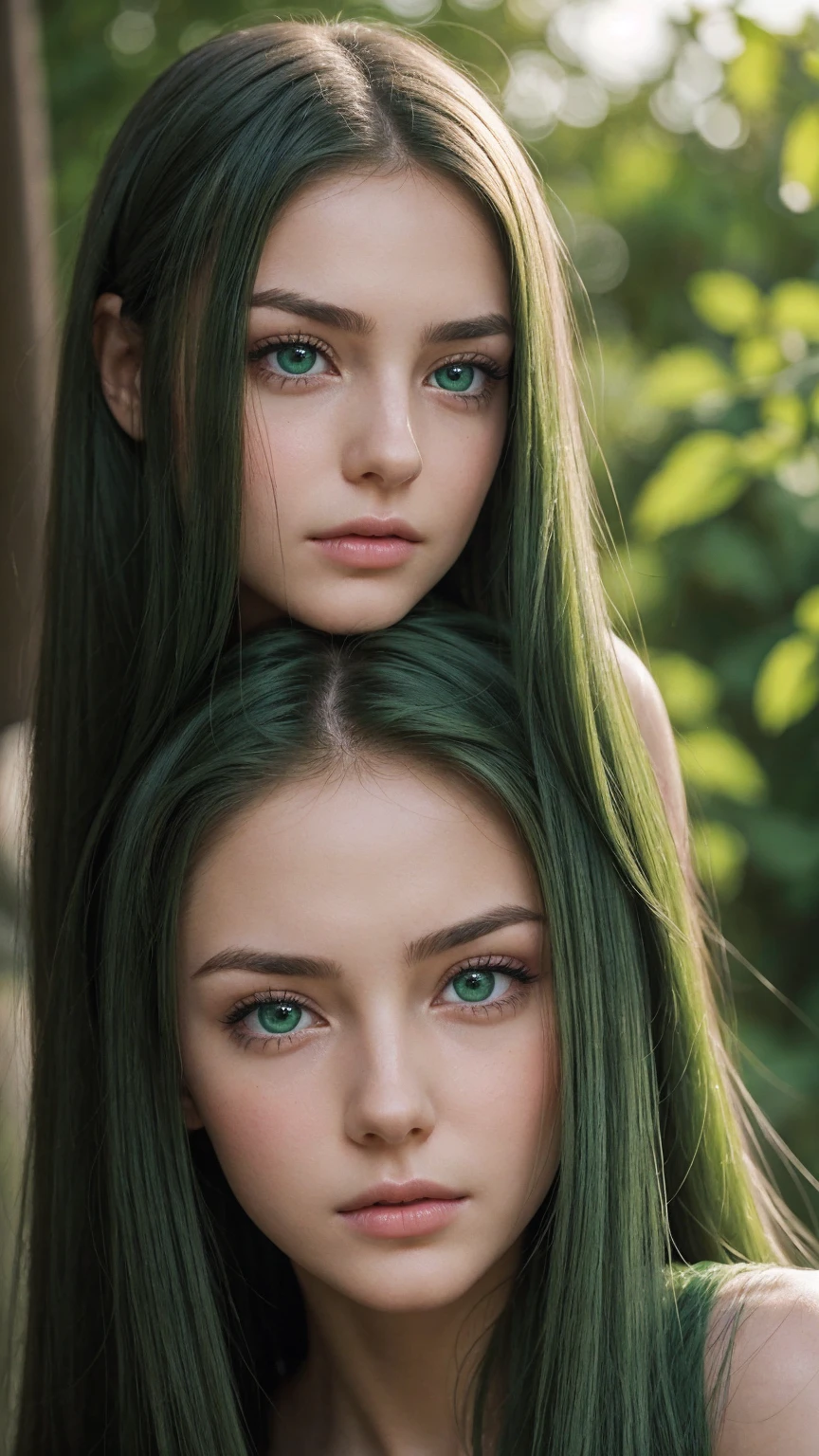 a girl. face sent feeling. Europe. Oval face. long face. delicate facial features. gentle eyes. seductively seductive. green eyes. long straight hair. voluminous. green hair. expression is very sad. looking passionately. shy. straight face. outdoor