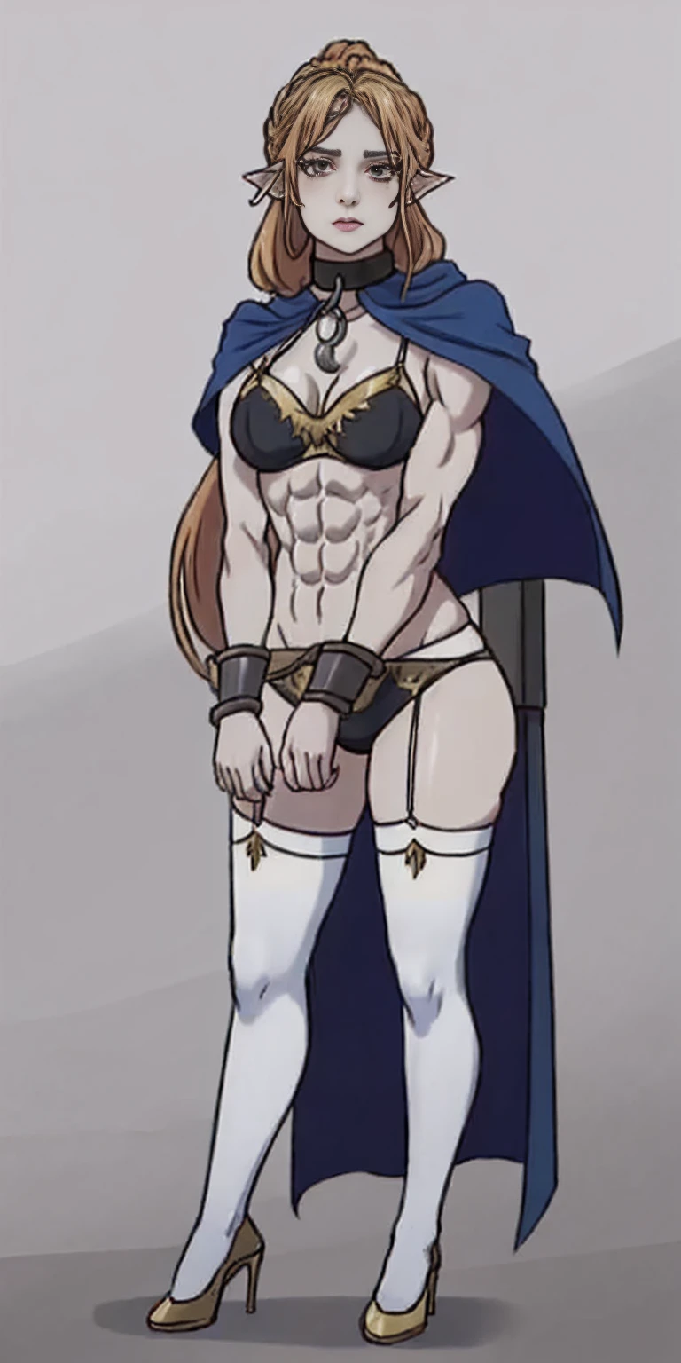 extremely long hair, ponytail, perfect anatomy 1 girl tall solo, slim thick ((muscular)) high elf full body toe to head toned body, silver breast plate, blue cape, slendered abs, hourglass waist, detailed face, defined cheekbones, puffy lips, gauntlets, gold crown, shadow over eyes, looking at viewer, masterpiece, white thigh highs lingerie, high heels, slave metal collar choker neck bell shackles wristbands bracers bracelets sleeves (plain background)