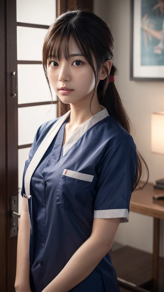 A beautiful young Japanese woman, around 20 years old, wearing a Nurses' Uniforms, ultra-detailed, 8K resolution, highly realistic, cinematic lighting, best quality, masterpiece, photorealistic, physically-based rendering, extremely detailed, vivid colors, professional, sharp focus, studio lighting