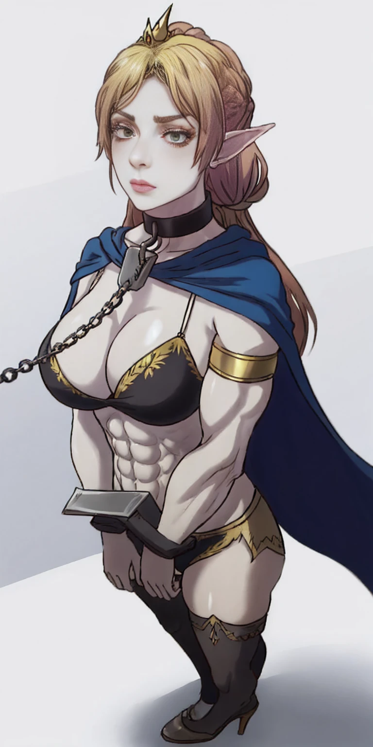 extremely long hair, ponytail, perfect anatomy 1 girl tall solo, slim thick ((muscular)) high elf full body toe to head toned body, silver breast plate, blue cape, slendered abs, hourglass waist, detailed face, defined cheekbones, puffy lips, gauntlets, gold crown, shadow over eyes, looking at viewer, masterpiece, white thigh highs lingerie, high heels, slave metal collar choker neck bell shackles wristbands bracers bracelets sleeves (plain background)