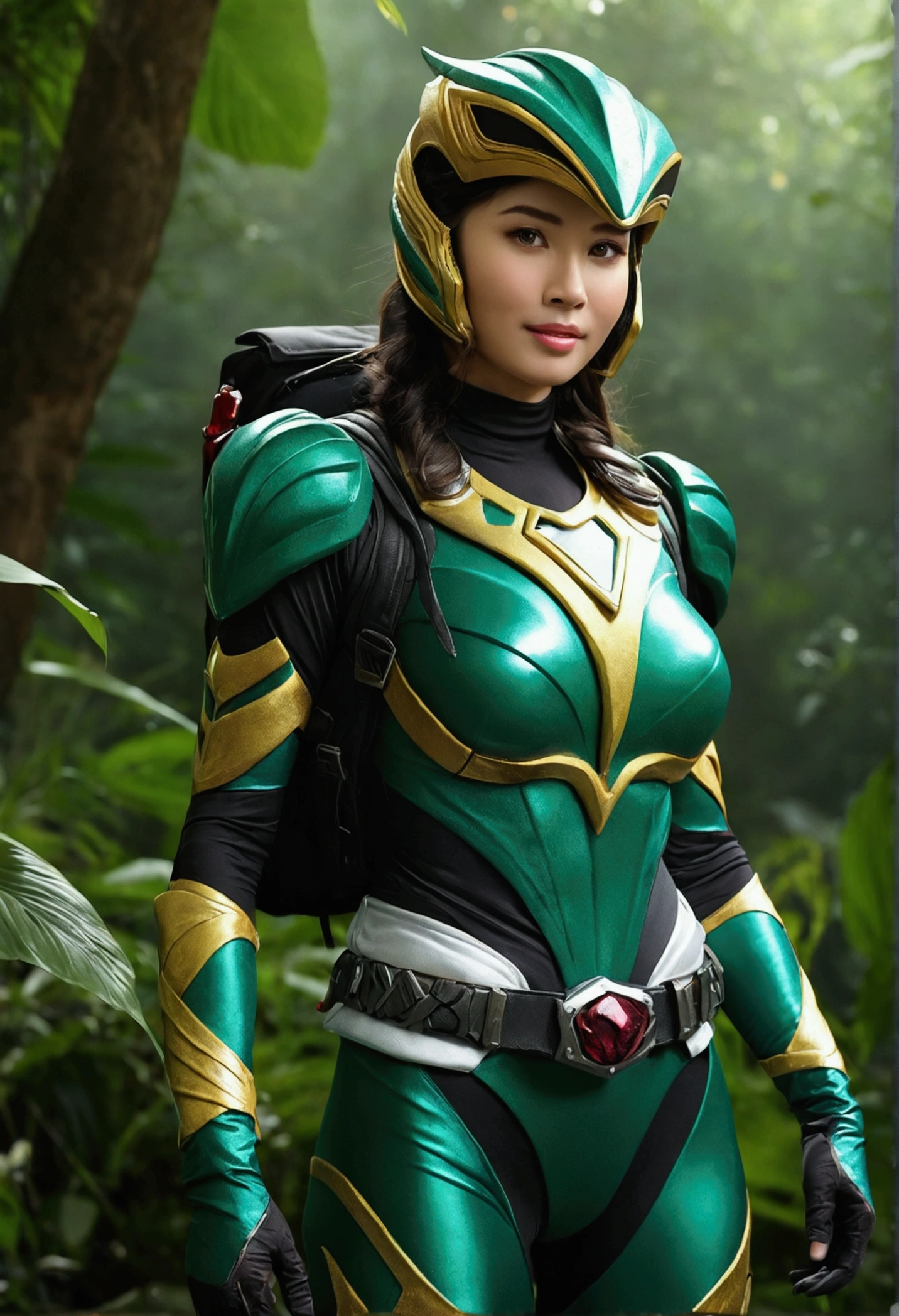 RAW, Best quality, high resolution, masterpiece: 1.3), Maturely charming woman in power ranger suit (iu:0.8), Best quality, high resolution, Masterpiece: 1.3, Alluring milf in power ranger gear, Masterpiece, Seductive smile, Realistic, 1woman, Captivating eyes, Glowing eyes, Parted lips, Gigantic breasts, Full-length, Stunning figure, Aesthetics of maturity, Daring from the jungle, Guardian of mysterious creatures, Observing the terrain, In ambush, Studying the environment found, In ranger clothes, With a large backpack, Detailed outfit,
